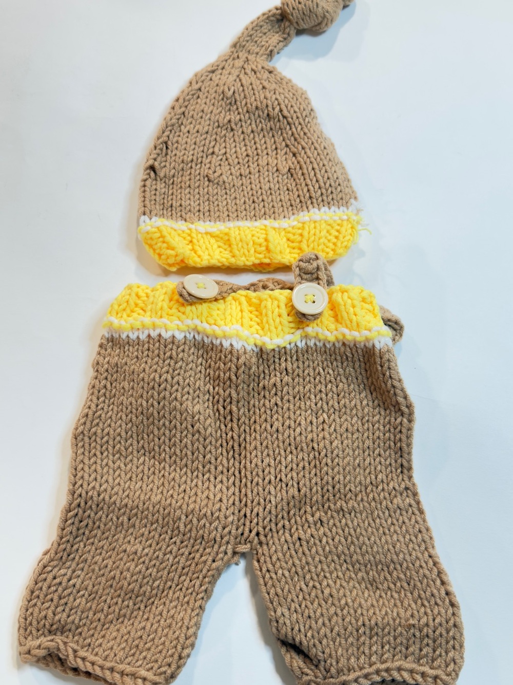 Knit Baby Hat & Romper Set - Tan with Yellow Trim